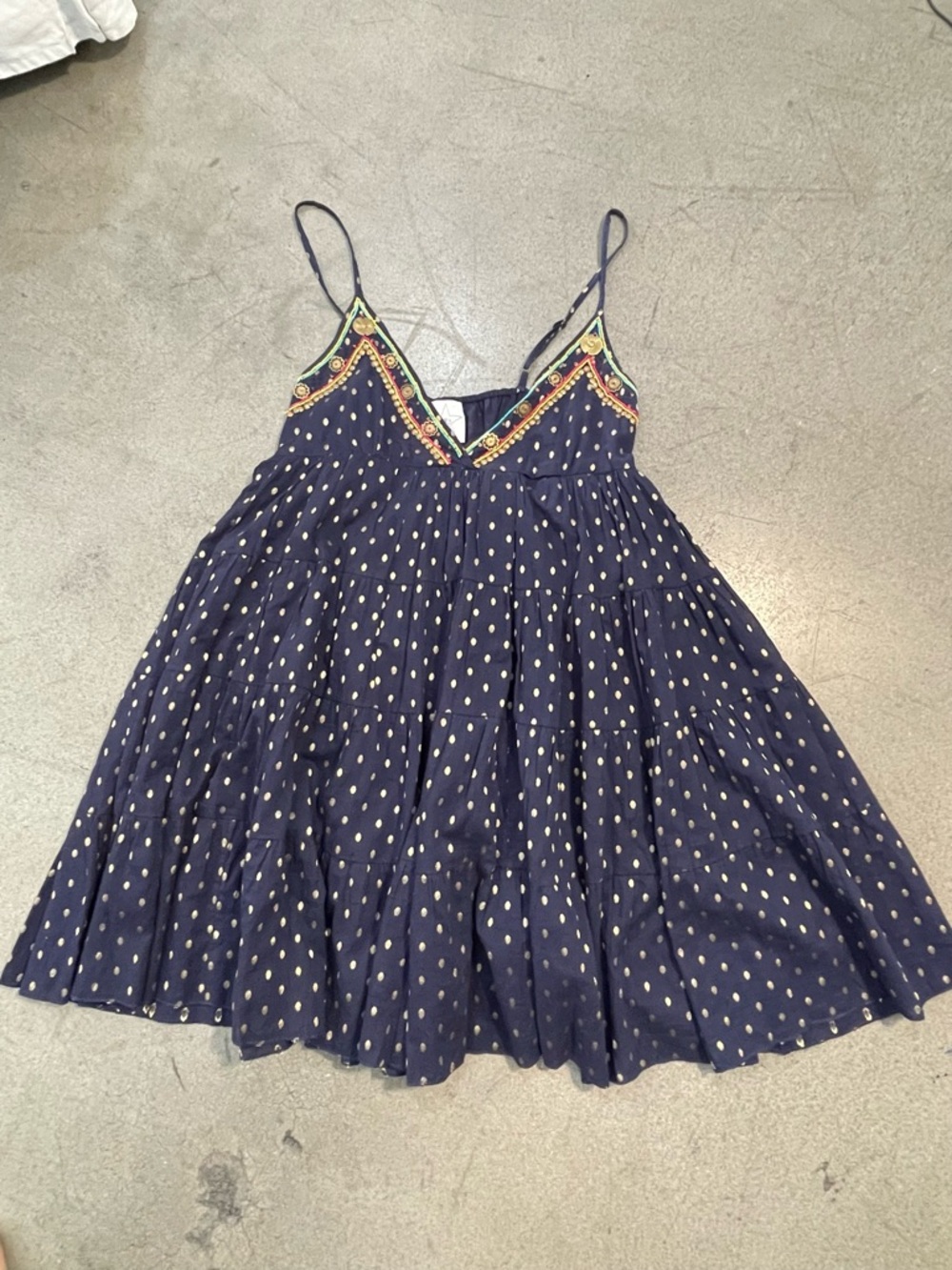 Area Dtars Navy Polka Dot Sundress with Colorful Embroidered V-Neck size L
